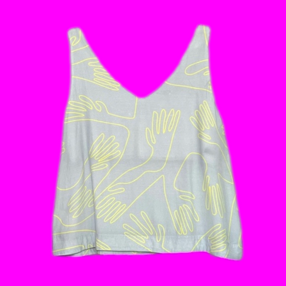 ELK Dual V-Neck Oversized Sleeveless Neon Yellow Hands Graphic Grey Swing Top 6 - Picture 1 of 3